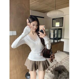 新款 打底修身 甜辣显瘦白色insv女领t恤别致 纯欲蕾丝上衣秋季 长袖