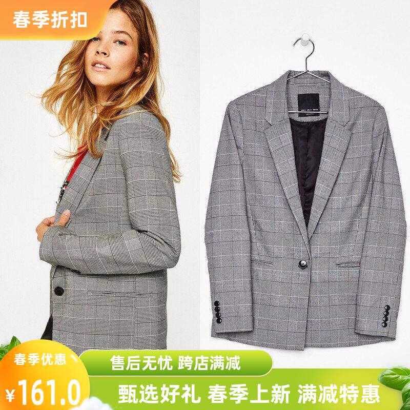 女士韩版休闲格子Ebay女西装欧美一粒扣外套春秋宽松大码小西装