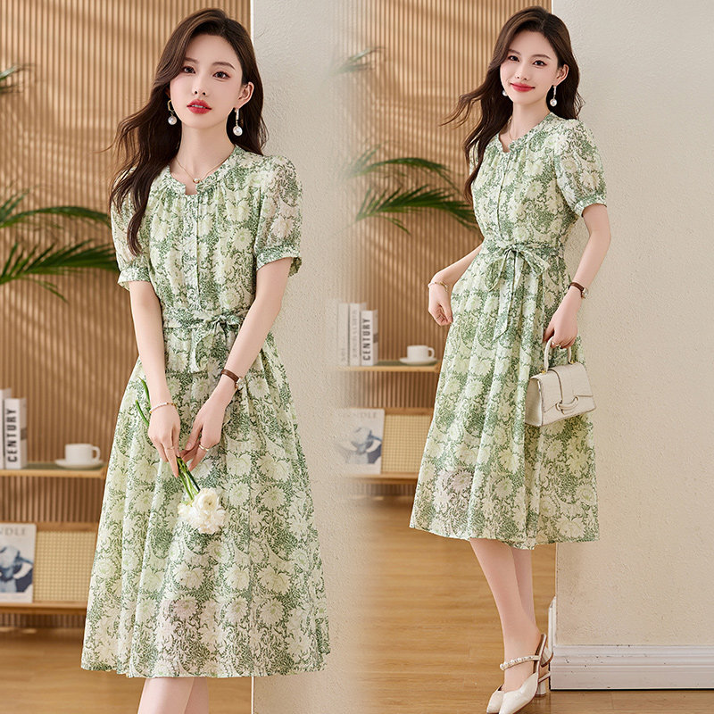 【现货】洋气碎花连衣裙女时尚流行系带收腰显瘦韩系网红风裙子