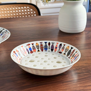 北府 蓝鱼骨瓷饺子盘沥水水果盘大容量盘子深菜盘带屉家用可微波