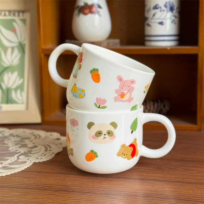 北府 韩式童趣骨瓷儿童杯陶瓷水杯奶杯可爱卡通圆把杯可微波