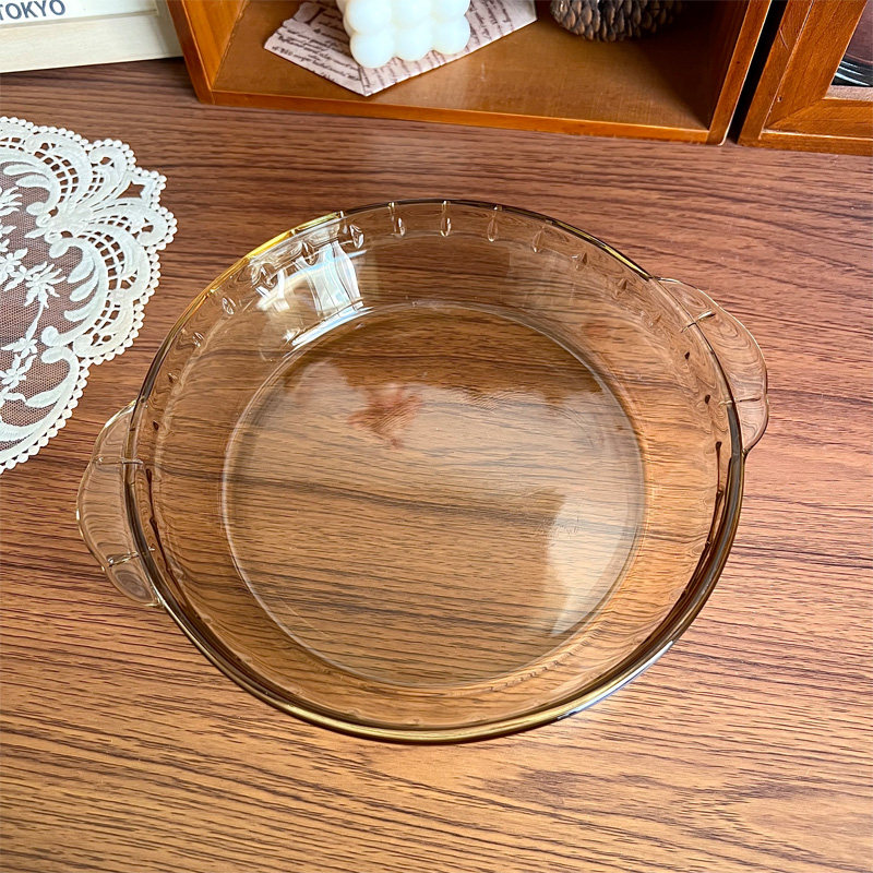 汤盘高硼硅花边茶色双耳盘