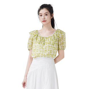 WEWE/唯唯夏季新品女装气质优雅温柔印花雪纺衫上衣清新通勤