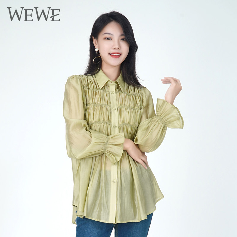 WEWE唯唯春秋新品女装清新气质时尚OL风通勤衬衫女甜美喇叭袖