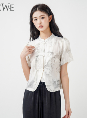 WEWE/唯唯女士雪纺衫夏季新款女装时尚国风印花立领衬衣