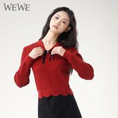 唯唯冬季 新品 女装 WEWE 甜美国风气质小V领套头修身 毛衣花边