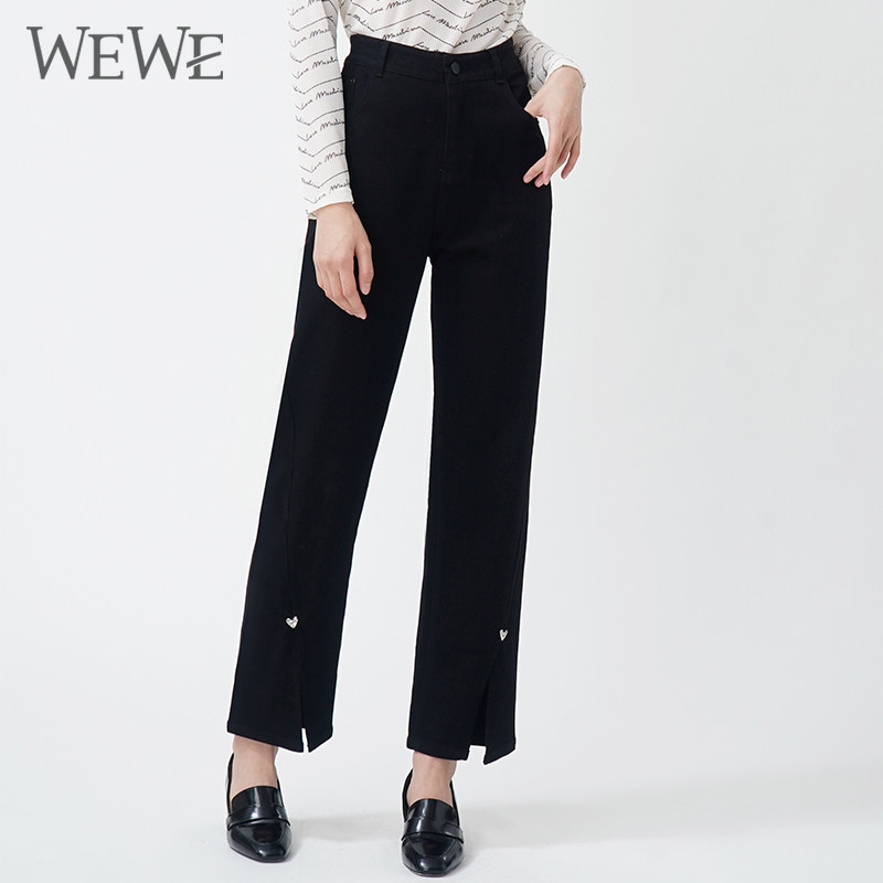 WEWE/唯唯秋季新款女装黑色牛仔裤时尚高腰直筒裤脚开叉长裤,女装/女士精品,牛仔裤,淘宝优惠券,粉丝福利购,淘宝优惠卷