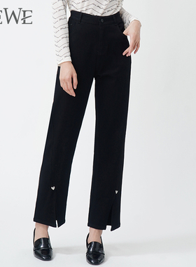 WEWE/唯唯秋季新款女装黑色牛仔裤时尚高腰直筒裤脚开叉长裤