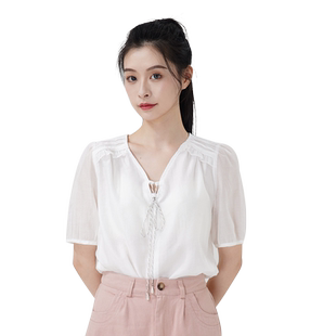 WEWE/唯唯夏季新品女装气质通勤亲肤透气V领雪纺衫简约OL风