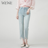 小个子直筒裤 WEWE 破洞牛仔裤 女高腰显瘦九分裤 唯唯夏季 新款