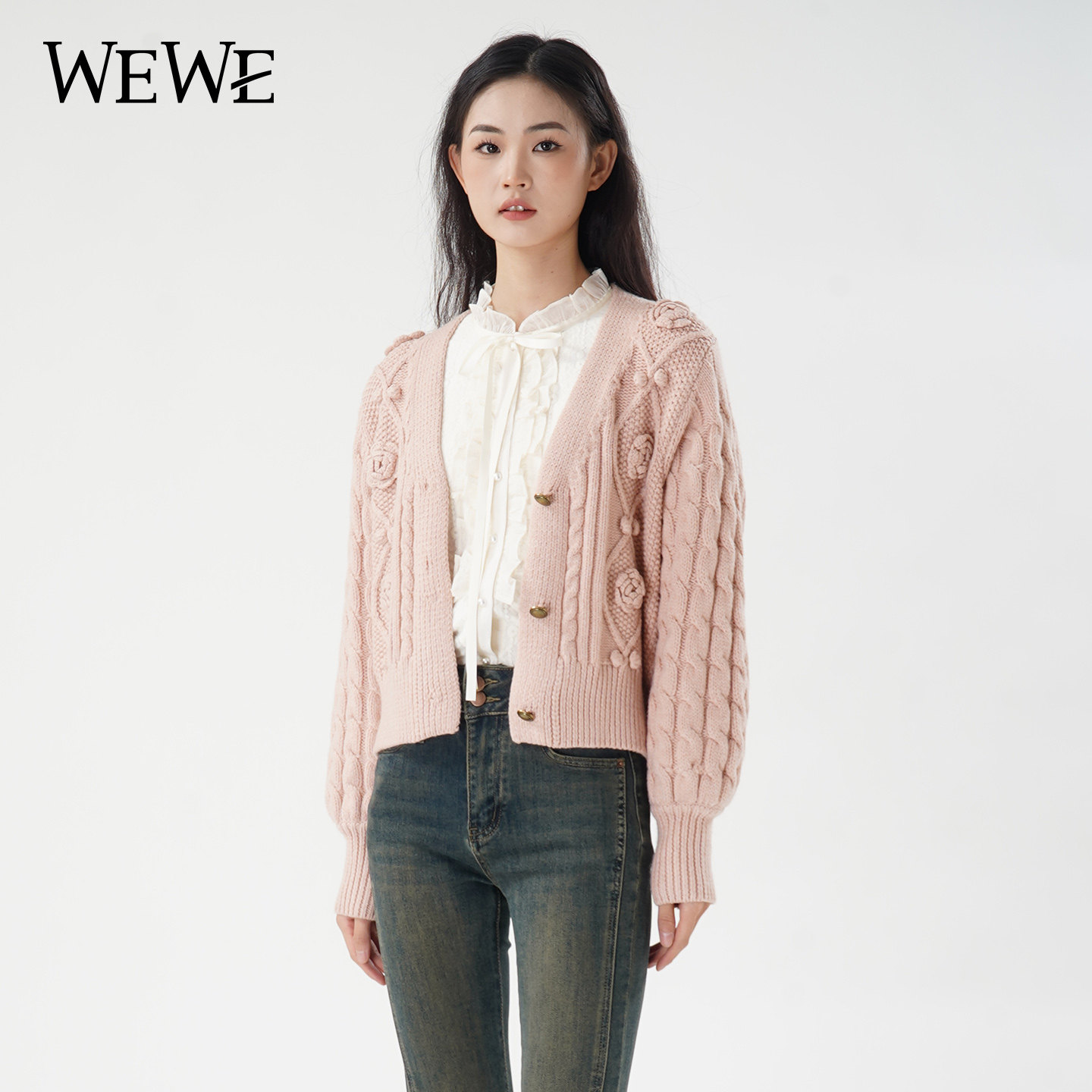 WEWE/唯唯学院风V领麻花针织开衫