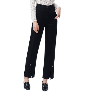 WEWE/唯唯秋季新款女装黑色牛仔裤时尚高腰直筒裤脚开叉长裤
