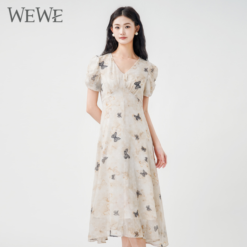 WEWE/唯唯连衣裙女夏季新款法式碎花雪纺连衣裙女士连衣裙
