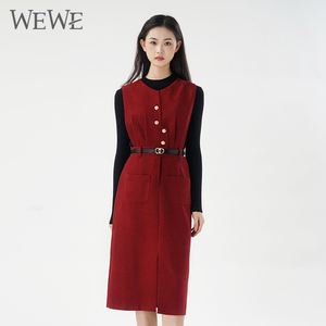 WEWE/唯唯冬季新品女装港式复古无袖连衣裙套装时尚通勤显瘦