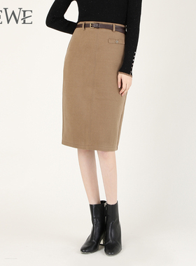WEWE唯唯冬季新品女装高腰修身毛呢中款显瘦女半身裙时尚通勤