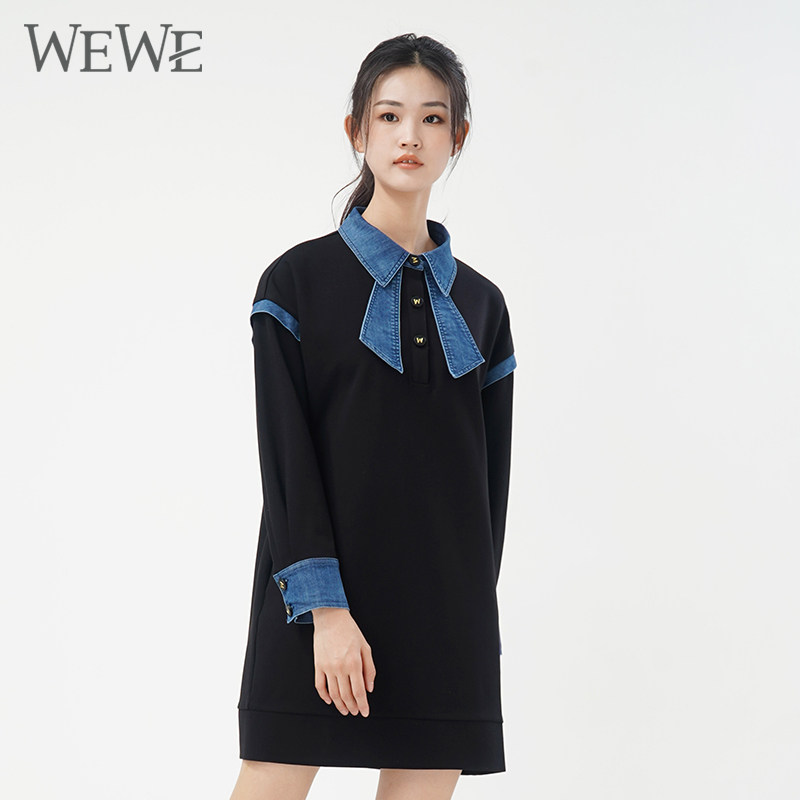 WEWE/唯唯秋季新品女装时尚撞色拼接复古休闲女士连衣裙舒适