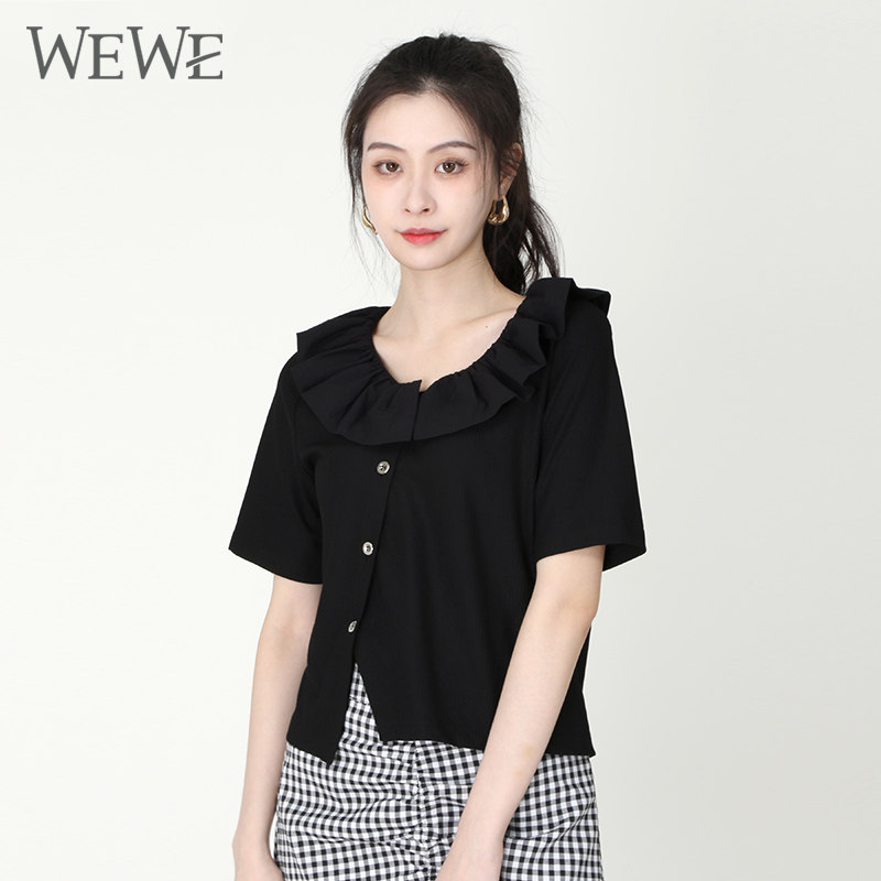 WEWE唯唯夏季新品女装时尚休闲不规则设计荷叶边圆领女上衣
