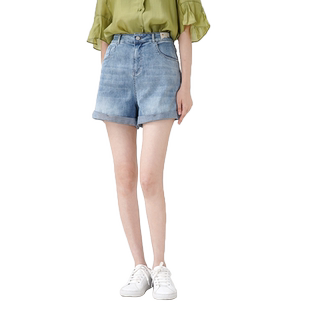 WEWE/唯唯夏季新品女装高腰宽松a字牛仔短裤卷边显瘦休闲百搭