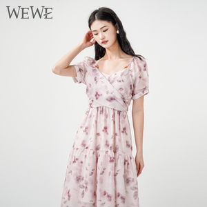 WEWE/唯唯夏季新款复古碎花连衣裙女气质显瘦短袖雪纺中长裙