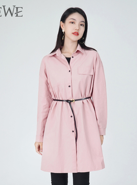 WEWE唯唯秋季新品女装简约设计直筒衬衫连衣裙配腰带通勤休闲
