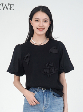 WEWE/唯唯夏季新品女装个性拼接立体3D装饰女上衣甜美灯笼袖