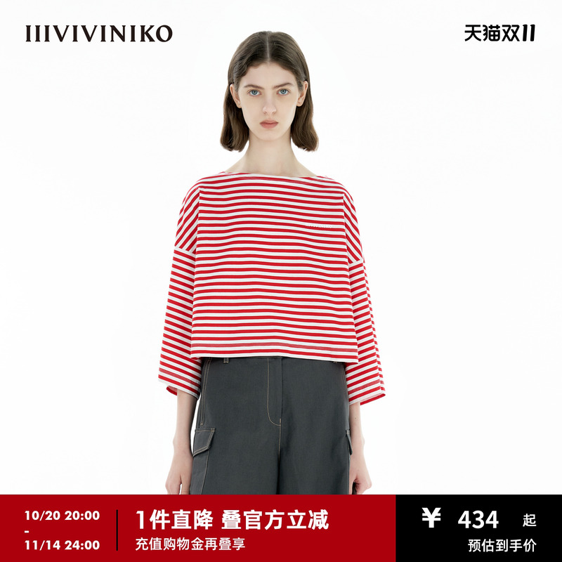 IIIVIVINIKO2025春新款航海‘新疆棉’船型领条纹T恤B510521363B