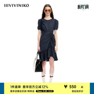IIIVIVINIKO春夏新品 格纹抽褶鱼尾连衣裙女M310605140B 优雅泡泡袖