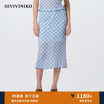 IIIVIVINIKO2026夏季新款松弛感褶皱格纹直筒裙女M627031654E