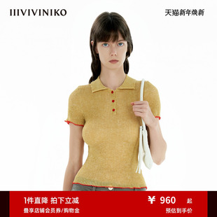 IIIVIVINIKO2025夏新款 女B520110629C 半透罗纹Polo领微卷短袖