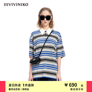 IIIVIVINIKO夏季 T恤女M320549337D 学院风休闲条纹Polo领短袖 新品