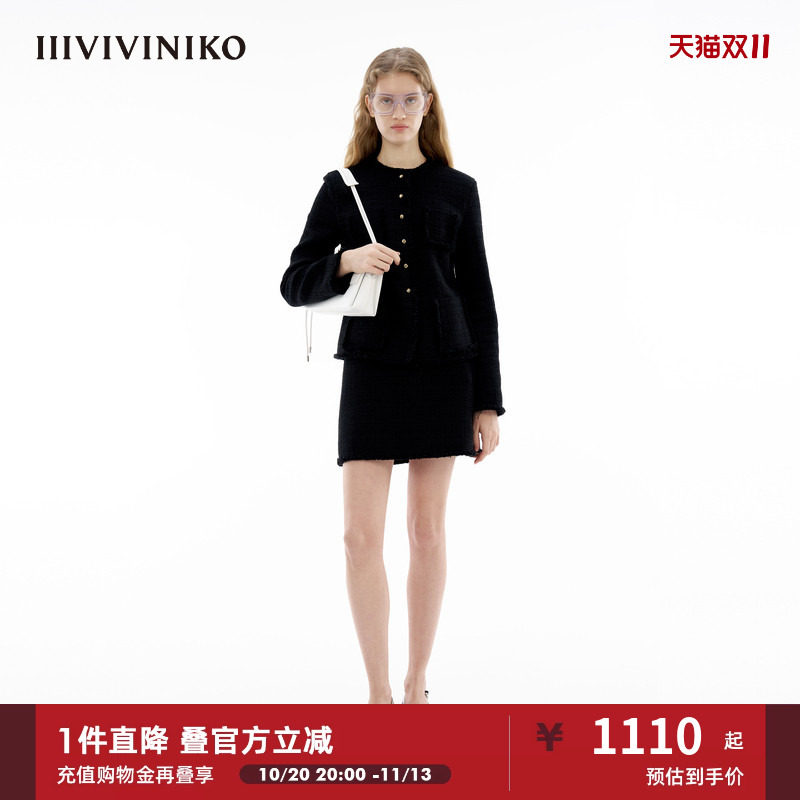 【粗花呢面料】IIIVIVINIKO春季新款复古通勤圆领小香风外套女