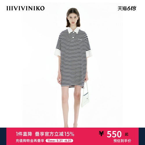 IIIVIVINIKO2025夏新款航海撞色条纹Polo连衣裙女B520623363D