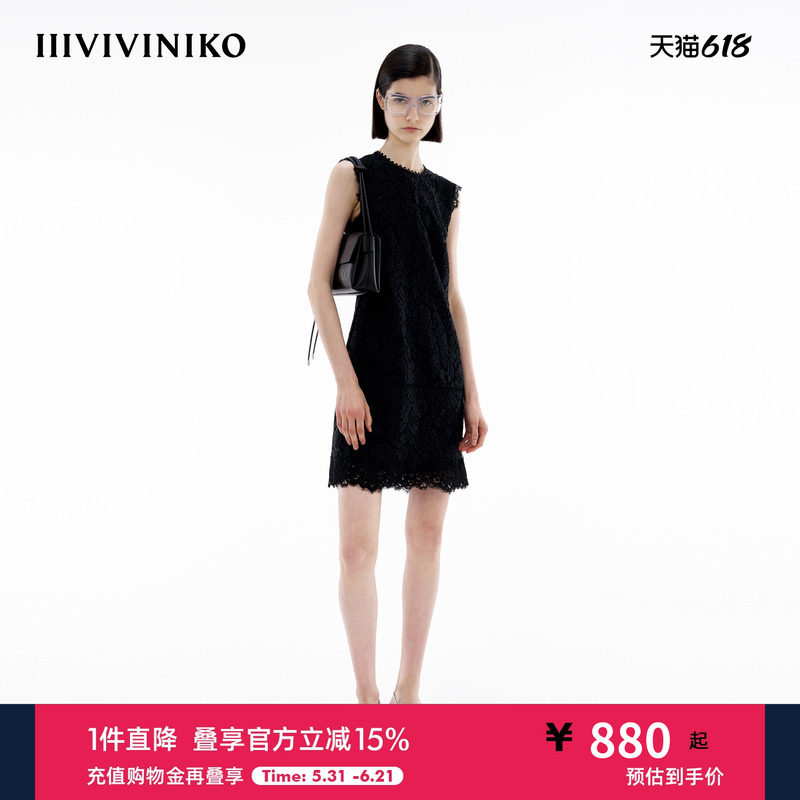 IIIVIVINIKO夏季新款圆领无袖蕾丝花边连衣裙女M420633363E