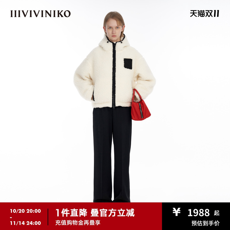 IIIVIVINIKO时髦落肩连帽双面穿箱型毛呢大衣外套女M340312390D