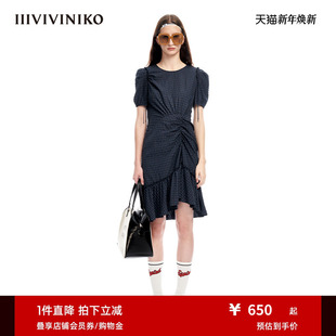 IIIVIVINIKO春夏新品 格纹抽褶鱼尾连衣裙女M310605140B 优雅泡泡袖
