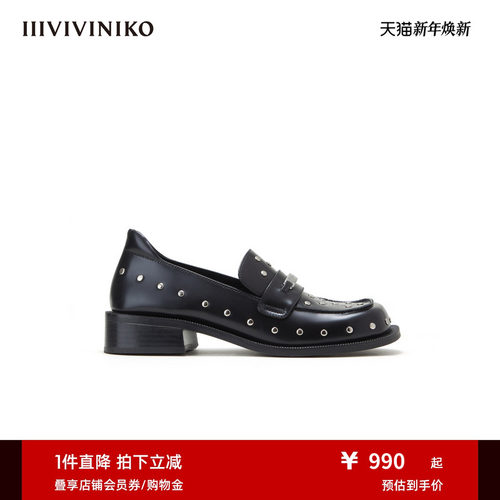 【福原爱同款】IIIVIVINIKO秋季新款复古铆钉方圆头乐福鞋女