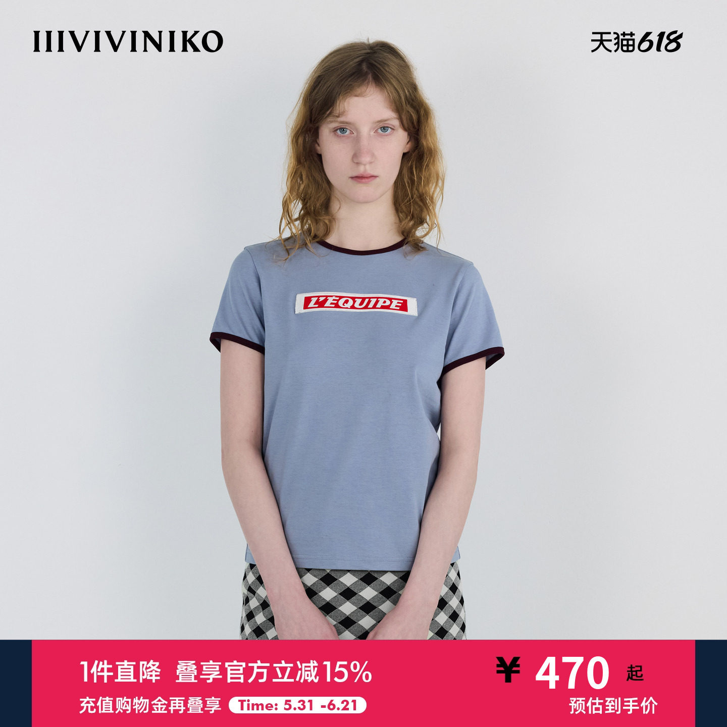 IIIVIVINIKO秋季新款休闲时尚复古胶标正肩T恤女M530502335A