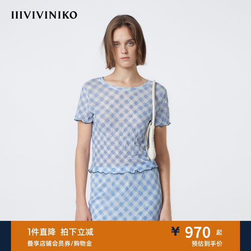 IIIVIVINIKO2026夏季新款休闲褶皱格纹圆领针织T恤女M620131654E