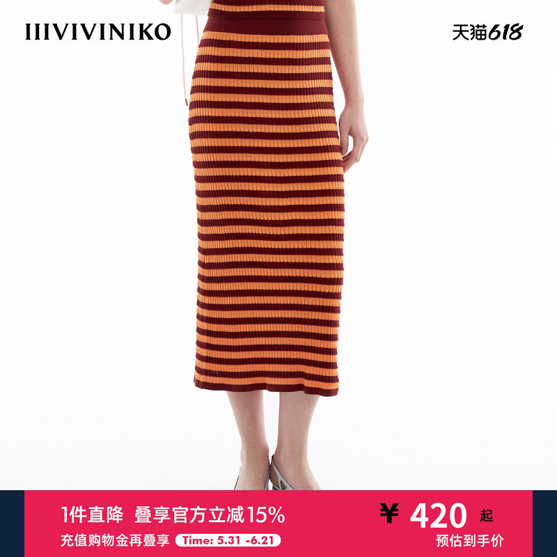 【丝光棉】IIIVIVINIKO春季新款多巴胺条纹微A型针织半身长裙女