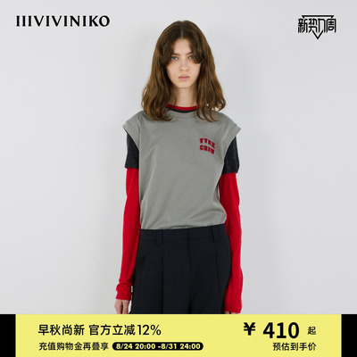IIIVIVINIKO秋季新款微宽植绒字母装饰T恤背心女M533204335B
