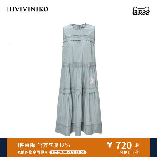 IIIVIVINIKO夏季新款猫咪印花淡人微褶无袖连衣裙女R520604059D