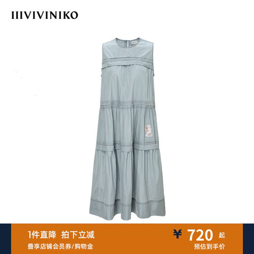 IIIVIVINIKO夏季新款猫咪印花淡人微褶无袖连衣裙女R520604059D