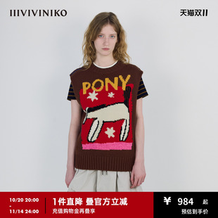 复古嵌花针织背心马甲女装 IIIVIVINIKO2025秋新款 美利奴羊毛