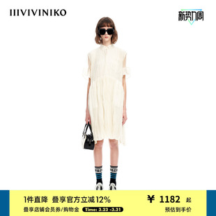 短袖 IIIVIVINIKO夏季 式 欧根纱衬衫 压褶连衣裙女M320647177D 新品