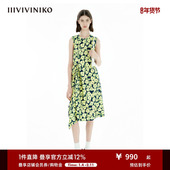 IIIVIVINIKO2025夏新款 气质不对称印花抽褶连衣裙女B520645188E