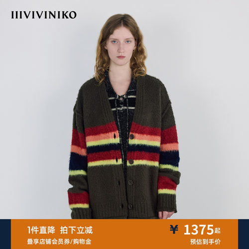 IIIVIVINIKO秋季新款彩虹条纹V领廓形羊毛开衫女R530215660B