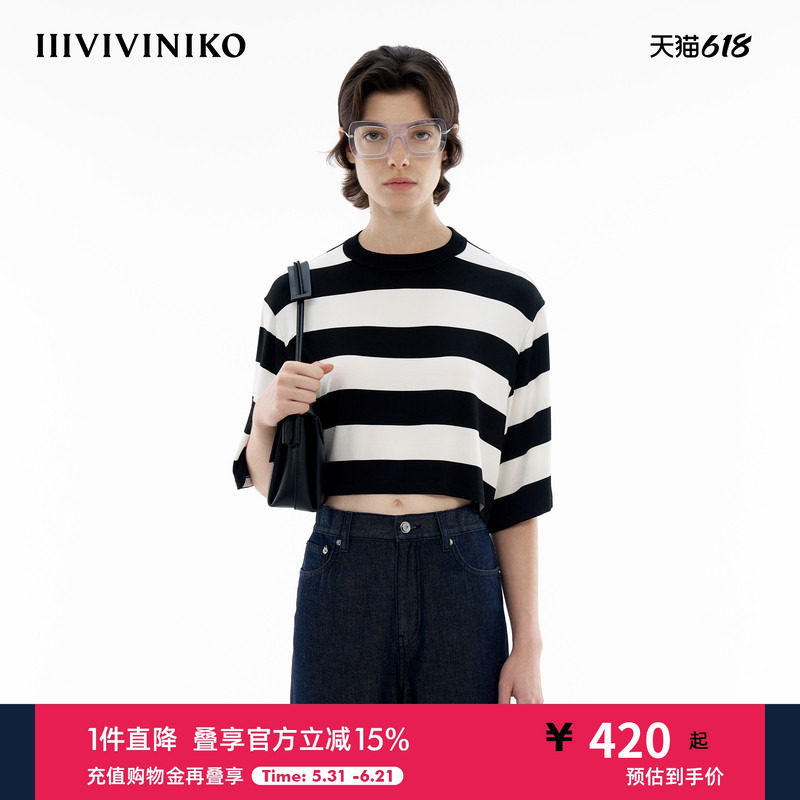 【进口人丝面料】IIIVIVINIKO夏季新款截短式合肩短袖T恤女