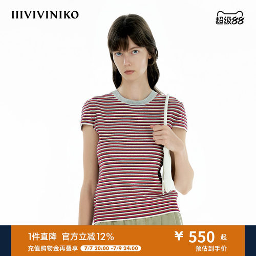 IIIVIVINIKO春季新款收腰修身复古条纹针织T恤女B510118646B