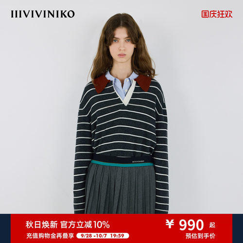 IIIVIVINIKO秋季新款撞色Polo领条纹针织长袖女M530115651B