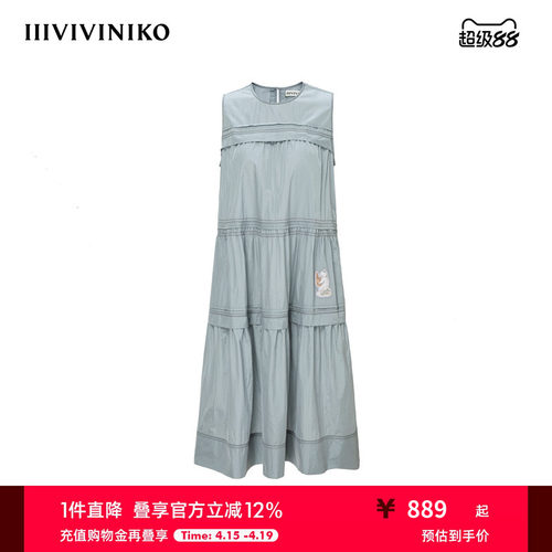 IIIVIVINIKO2025夏新款猫咪印花淡人微褶无袖连衣裙女R520604059D
